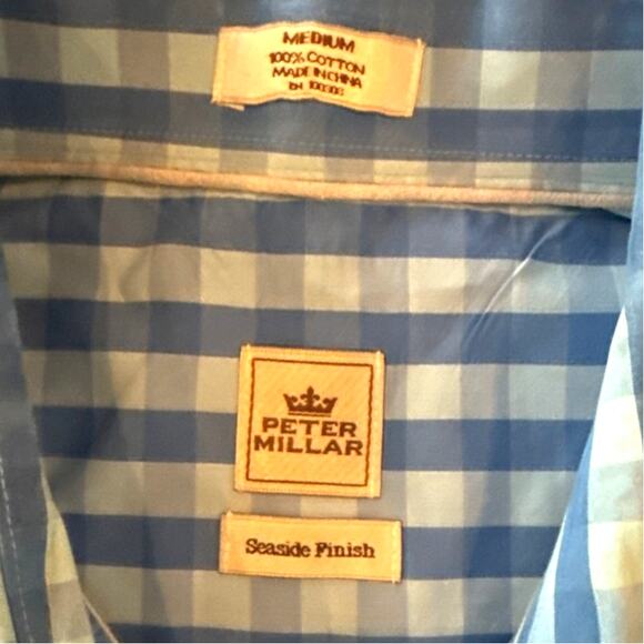 Peter Millar Seaside Finish Button Up Shirt Size Medium Checkered Blue Plaid - Picture 3 of 8